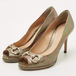 Pre Owned Gucci Multicolor Iridescent Leather Horsebit Peep Toe Pumps Size 39.5