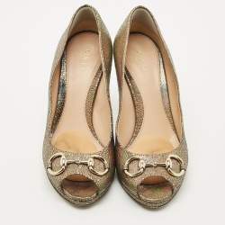 Pre Owned Gucci Multicolor Iridescent Leather Horsebit Peep Toe Pumps Size 39.5
