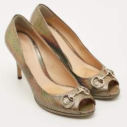 Pre Owned Gucci Multicolor Iridescent Leather Horsebit Peep Toe Pumps Size 39.5