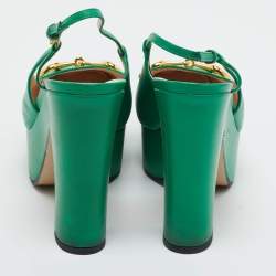Pre Owned Gucci Green Leather Horsebit Platform Slingback Pumps Size 39