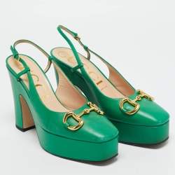 Pre Owned Gucci Green Leather Horsebit Platform Slingback Pumps Size 39