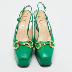 Pre Owned Gucci Green Leather Horsebit Platform Slingback Pumps Size 39