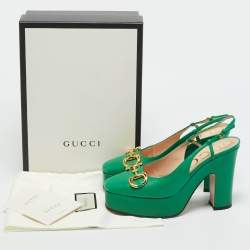 Pre Owned Gucci Green Leather Horsebit Platform Slingback Pumps Size 39