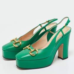 Pre Owned Gucci Green Leather Horsebit Platform Slingback Pumps Size 39