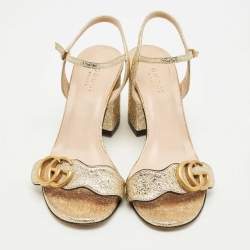 Pre Owned Gucci Gold Leather GG Marmont Ankle Strap Sandals Size 35.5