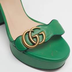 Pre Owned Gucci Green Leather GG Marmont Block Heel Ankle Strap Sandals Size 35
