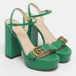 Pre Owned Gucci Green Leather GG Marmont Block Heel Ankle Strap Sandals Size 35