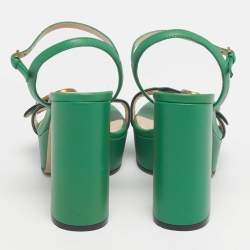 Pre Owned Gucci Green Leather GG Marmont Block Heel Ankle Strap Sandals Size 35