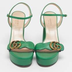 Pre Owned Gucci Green Leather GG Marmont Block Heel Ankle Strap Sandals Size 35