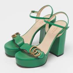Pre Owned Gucci Green Leather GG Marmont Block Heel Ankle Strap Sandals Size 35