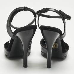 Pre Owned Gucci Black Patent Leather Peep Toe Ankle Strap Sandals Size 37.5
