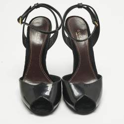 Pre Owned Gucci Black Patent Leather Peep Toe Ankle Strap Sandals Size 37.5
