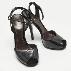 Pre Owned Gucci Black Patent Leather Peep Toe Ankle Strap Sandals Size 37.5