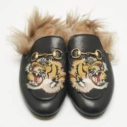 Pre Owned Gucci Black Fur and Leather Princetown Mules Size 37