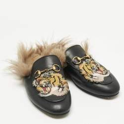 Pre Owned Gucci Black Fur and Leather Princetown Mules Size 37