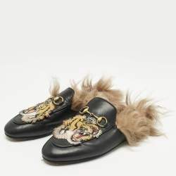 Pre Owned Gucci Black Fur and Leather Princetown Mules Size 37