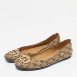 Pre Owned Gucci Beige/Brown GG Canvas Ballet Flats Size 39.5