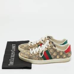Pre Owned Gucci Beige Coated Canvas and Snakeskin Embossed Leather Ace Low Top Sneakers Size 37.5