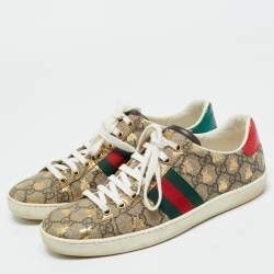 Pre Owned Gucci Beige Coated Canvas and Snakeskin Embossed Leather Ace Low Top Sneakers Size 37.5