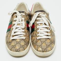 Pre Owned Gucci Beige Coated Canvas and Snakeskin Embossed Leather Ace Low Top Sneakers Size 37.5
