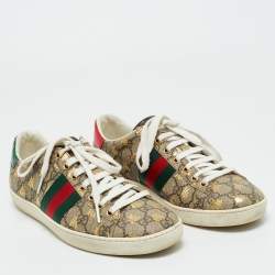 Pre Owned Gucci Beige Coated Canvas and Snakeskin Embossed Leather Ace Low Top Sneakers Size 37.5