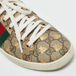 Pre Owned Gucci Beige Coated Canvas and Snakeskin Embossed Leather Ace Low Top Sneakers Size 37.5