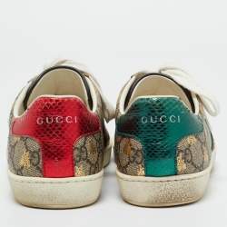 Pre Owned Gucci Beige Coated Canvas and Snakeskin Embossed Leather Ace Low Top Sneakers Size 37.5