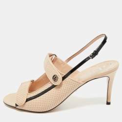 Pre Owned Gucci Black/Beige Perforated Leather Slingback Sandals Size 41