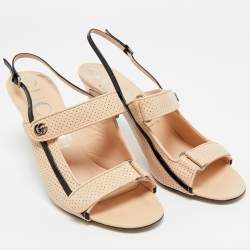 Pre Owned Gucci Black/Beige Perforated Leather Slingback Sandals Size 41