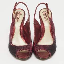 Pre Owned Gucci Purple Sequins Peep Toe Slingback Pumps Size 37.5