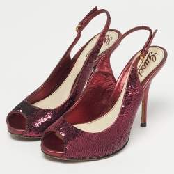 Pre Owned Gucci Purple Sequins Peep Toe Slingback Pumps Size 37.5