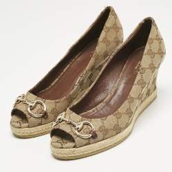 Pre Owned Gucci Beige GG Canvas Charlotte Horsebit Wedge Pumps Size 38