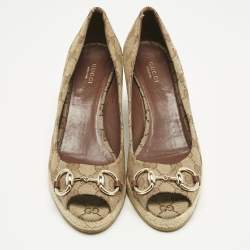 Pre Owned Gucci Beige GG Canvas Charlotte Horsebit Wedge Pumps Size 38