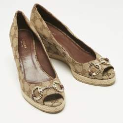 Pre Owned Gucci Beige GG Canvas Charlotte Horsebit Wedge Pumps Size 38