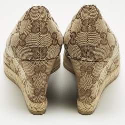 Pre Owned Gucci Beige GG Canvas Charlotte Horsebit Wedge Pumps Size 38