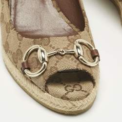 Pre Owned Gucci Beige GG Canvas Charlotte Horsebit Wedge Pumps Size 38