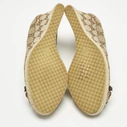 Pre Owned Gucci Beige GG Canvas Charlotte Horsebit Wedge Pumps Size 38