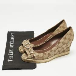 Pre Owned Gucci Beige GG Canvas Charlotte Horsebit Wedge Pumps Size 38