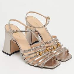 Pre Owned Gucci Rose Gold Leather Horsebit Ankle Strap Sandals Size 38