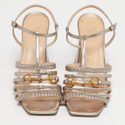 Pre Owned Gucci Rose Gold Leather Horsebit Ankle Strap Sandals Size 38