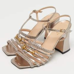 Pre Owned Gucci Rose Gold Leather Horsebit Ankle Strap Sandals Size 38