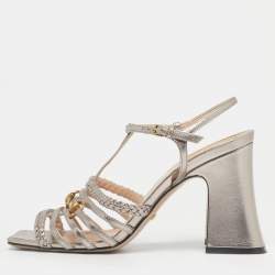 Pre Owned Gucci Rose Gold Leather Horsebit Ankle Strap Sandals Size 38