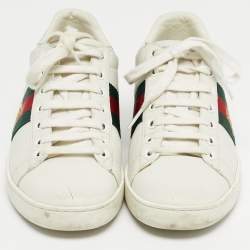 Pre Owned Gucci White Snakeskin Embossed and Leather Ace Lace Up Sneakers Size 36