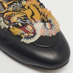 Pre Owned Gucci Black Leather and Fur Tiger Patch Princetown Flat Mules Size 37.5
