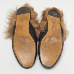 Pre Owned Gucci Black Leather and Fur Tiger Patch Princetown Flat Mules Size 37.5