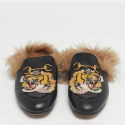 Pre Owned Gucci Black Leather and Fur Tiger Patch Princetown Flat Mules Size 37.5