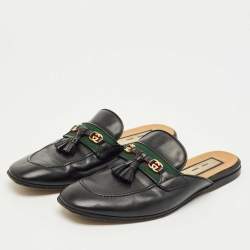 Pre Owned Gucci Black Leather Tassel Princetown Flat Mules Size 38