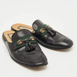 Pre Owned Gucci Black Leather Tassel Princetown Flat Mules Size 38