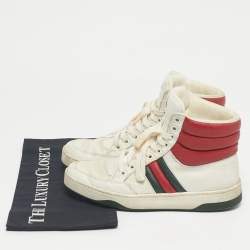 Pre Owned Gucci White/Red Leather New Praga Karibu Web High Top Sneakers Size 37