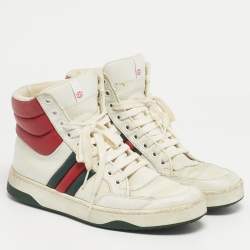 Pre Owned Gucci White/Red Leather New Praga Karibu Web High Top Sneakers Size 37